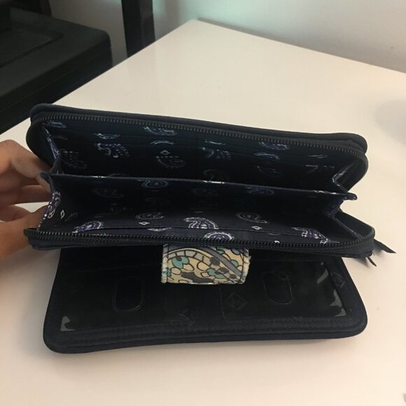 VERA BRADLEY Dark Light Blue Beige Paisley Turn Lock Zippered Clutch Wallet - Picture 6 of 9